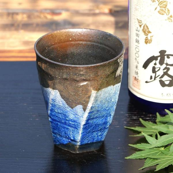 九谷焼 陶器の荒削り 焼酎グラス 銀彩ブルー