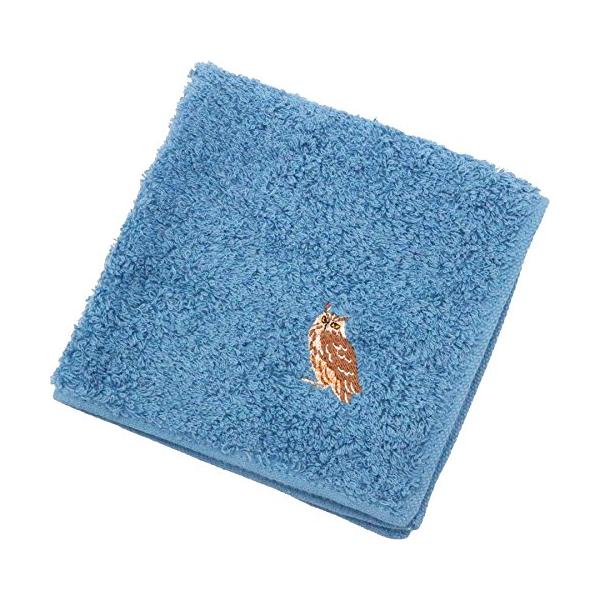 京佑 タオルハンカチ (刺繍) 25×25cm くるみん 梟/青 : KEN