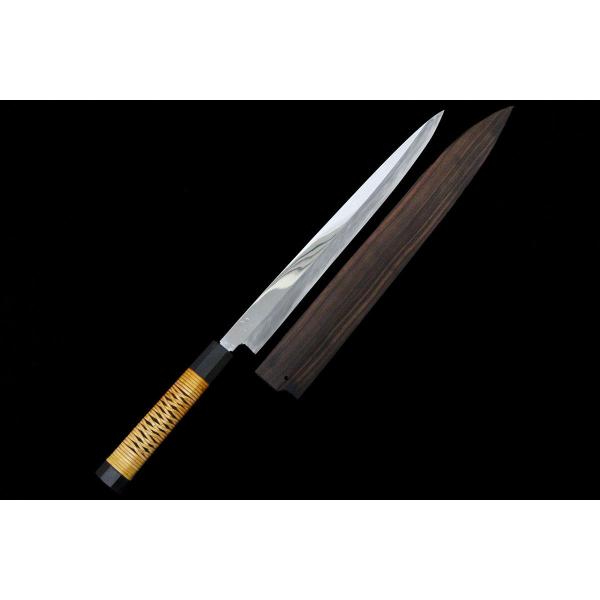 美品｜英 柳刃包丁 霞 尺一 銀三 平鏡面 山本刃剣 黒檀鞘付 KN02-A8588