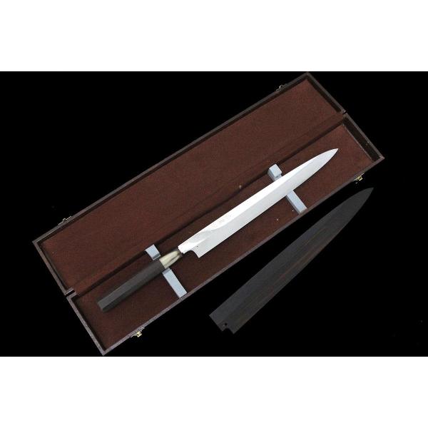 雲龍國行　青鋼　本焼包丁　フグ引き包丁　尺(30cm)　黒檀八角柄 河豚引包丁 尺 本焼 青鋼 水牛黒檀八角柄 名入 黒塗鞘・袱紗付