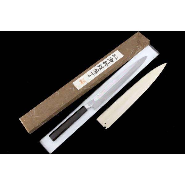 未使用品｜高鳳正國 柳刃包丁 水焼本焼 九寸 平鏡面 黒檀柄 鞘・箱付