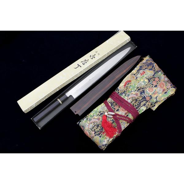 美品｜無銘 柳刃包丁 炭水焼 本焼 尺一 黒檀柄 黒檀鞘・箱・袱紗付