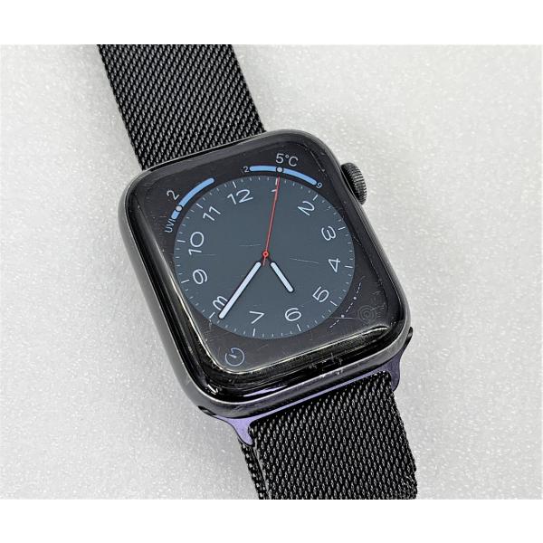 Apple Watch Series 5 (GPSモデル)44 mmケース（モデル：A2292）スペースグレイのアルミニウム製スペースブラックミラネーゼループ●内蔵ストレージ容量：32GB●OS：watchOS 10.6.1●バッテリ最大容...