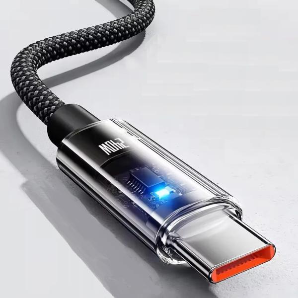 送料無料 通電確認ランプ付き　充電/データ転送 短い 20cm Type-C ー Type-C メッシュケーブル 黒