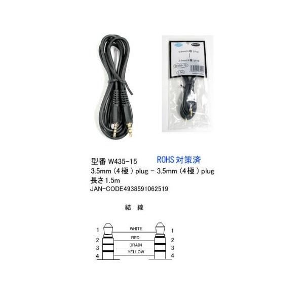 3.5mmステレオミニプラグ（オス/オス）ステレオケーブル 長さ１．５メートル・製造元/商品型番：COMON W435-15・仕様：3.5mm ステレオミニプラグ ４極（オス/オス）・長さ：150cm ・色：黒　ネコポスは「あすつく」対応詳...