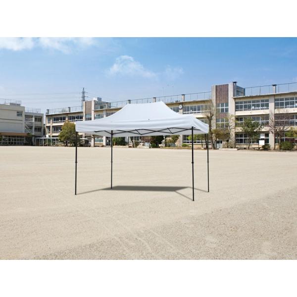 使用時には必ず重しをのせるか杭などで固定して下さい。[商品詳細]●素材：天幕部／ポリエステル防水性・２５０Ｄ厚・防炎製品（日本防炎協会認定）●サイズ：２．５ｍ×３．７ｍ、スチール脚３２×２６ｍｍ角●重量：３２ｋｇ●高さ２段階調節：頂点部／２...