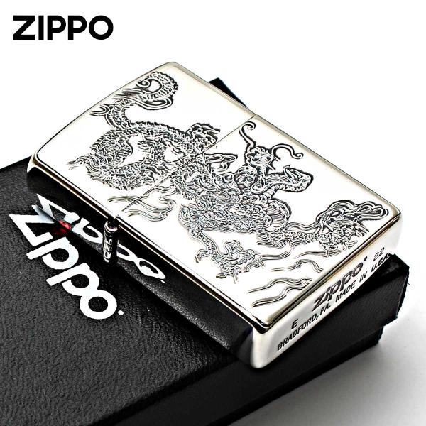 Zippo ジッポライター ドラゴン 龍 青海波 和柄 両面加工 シルバー Japanese pattern Dragon 2SV-WDR2 メール便専用商品