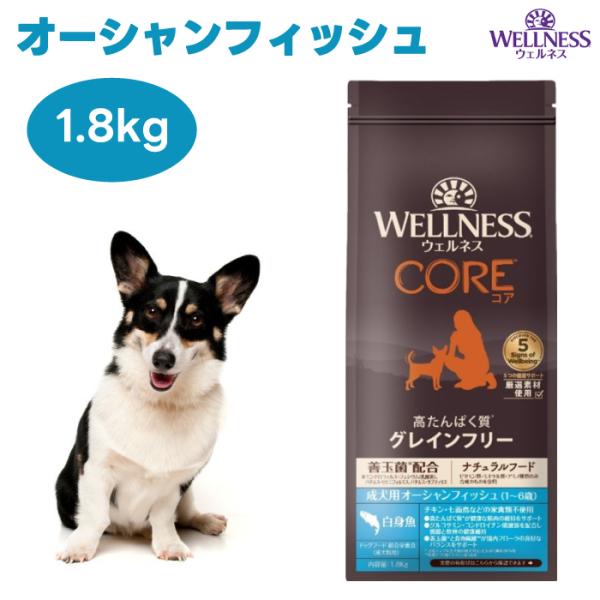 他サイト： ウェルネスコア 成犬用 オーシャンフィッシュ 1.8kg ドッグフード 犬 餌 グレインフリー 穀物不使用 高たんぱく質 白身魚 WELLNESSの商品画像