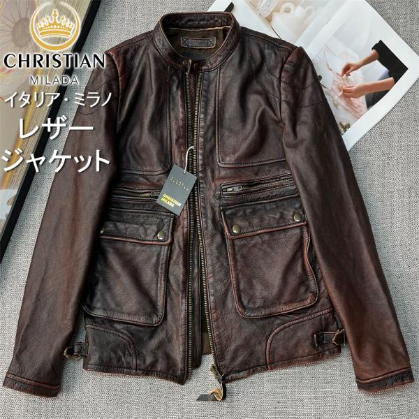 レザージャケット EU製 christian milada ミラノ発 牛革 重厚  ヴィンテージ加工 ライダース 革ジャン バイクコート アウター ライダース ジャケット