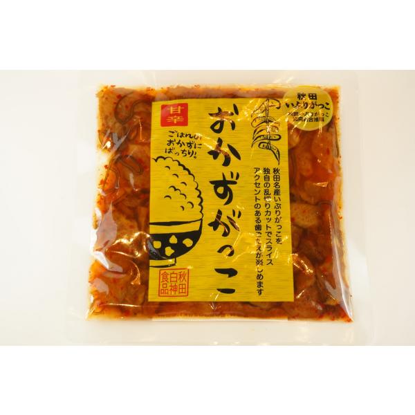 秋田名物のいぶりがっこを食べやすい大きさにカットし、昆布などで味付けしました。唐辛子で甘辛く仕上げているので、ご飯のお供に、お酒の肴にピッタリの一品です。