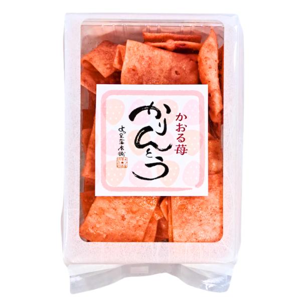 稲庭うどん職人が薄く伸ばした生地を、米油でカリッと丁寧に揚げていますサクッとした感触にいちごのフレーバーが甘味と酸味の果物のような美味しさですなんですがかりんとうとは思えない爽やか風味です