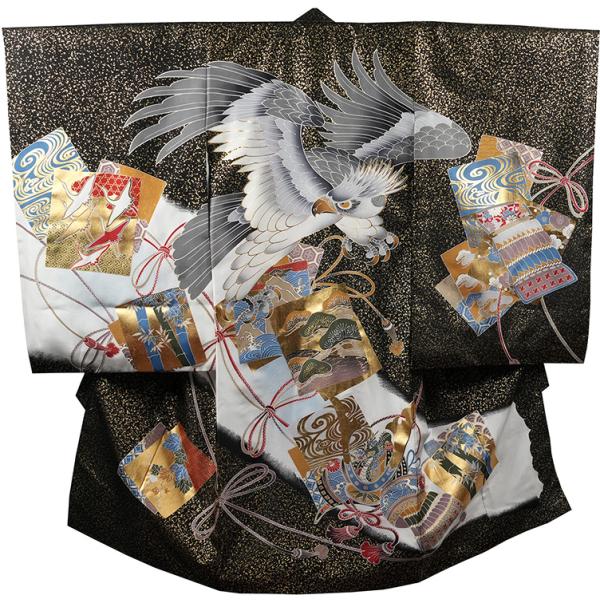 お宮参りや祝いの席にふさわしい、男の子用の正絹祝着です。【鷹柄】・・・眼には先を見通し、本質を見抜く眼力を持つように、鋭い爪には、運や幸せを掴んで離さないといった意味も込められています。正絹地に金加工が、華やかでより一層引き立てます！＊今な...