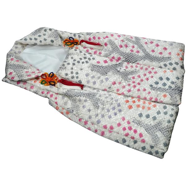 淡い色目が上品に広がる被布コートです。落ち着いた配色で、写真にもきれいに映り、絞り特有のふっくらとした立体感がお子様の可愛らしさを引き立てます。お祝いの日に安心してお選びいただける一枚です。絞りは一目ひと粒に至るまで全て手仕事による伝統の極...