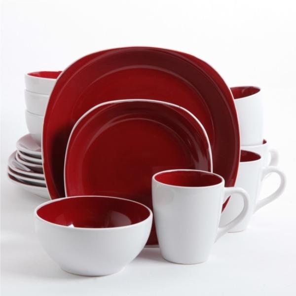 Mu\ VbNXg[ H16_Zbg fBi[EGAZbg bhEzCg Gibson Home  Chicstone 16 Piece Square Dinnerware Set, Red/White