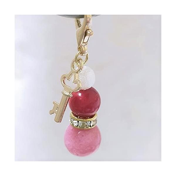 鍵キー 染ピンククオーツアイト 赤染珊瑚 パール調ビーズ 天然石 パワーストーン バッグチャーム キーホルダー スマホアクセサリー マスク お守り