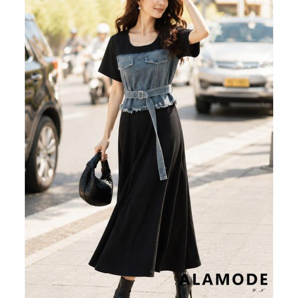 レディース ワンピース 黒 ブラック 半袖 ロング デニム ドッキング フレア 綿 コットン 夏服 春服 秋 大人可愛い きれいめ 30代 40代 50代 女性 サワアラモード