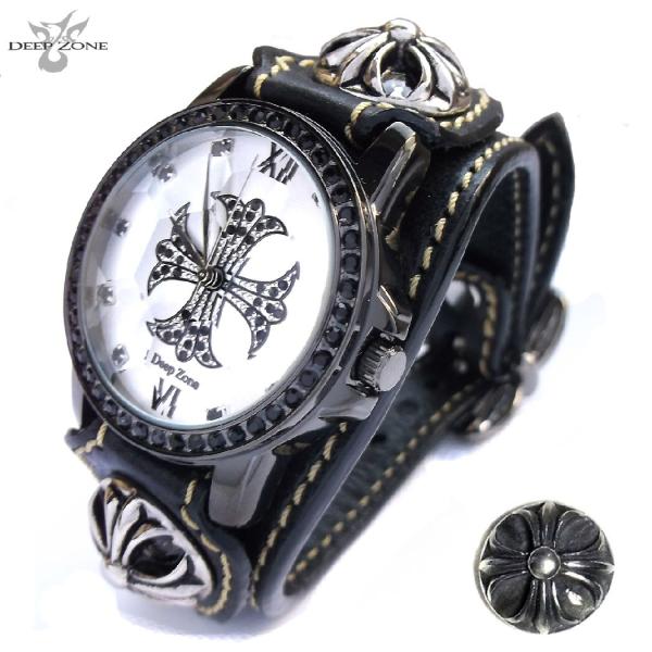 腕時計 メンズ 革 レザ-ベルト ブラッククロス文字盤 クロスコンチョ