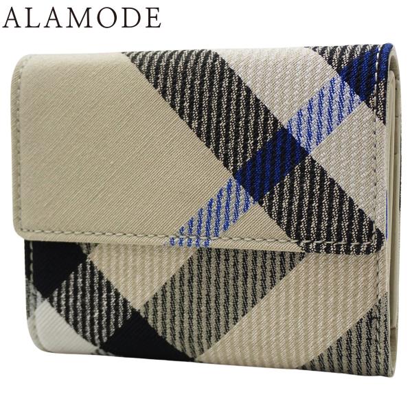 BURBERRY(バーバリー) チェック柄 三つ折り財布 コンパクトウォレット 3つ折り 小物 コットン ポリエステル レザー ベージュ ブラック黒 ブルー ゴールド金具 8086005 レディース 40802157421【中古】【アラモード】 BURBERRY（バーバリー） チェック柄 三つ折り財布 コンパクト