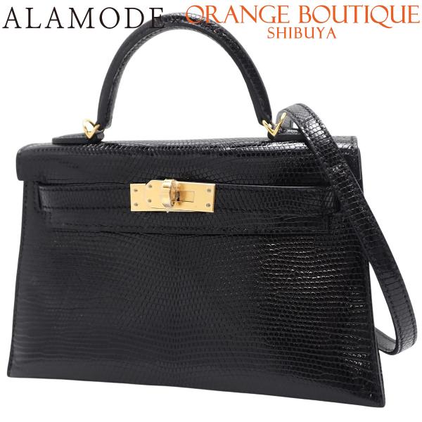 HERMES（エルメス） ミニケリー ブラック黒 リザード ゴールド金具 W