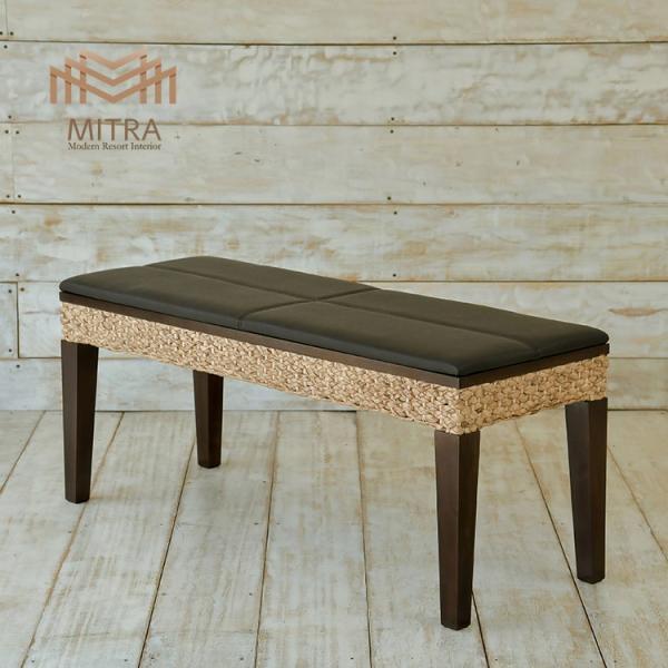 ウォーターヒヤシンス ベンチ アジアン家具 幅110cm 2人掛け マホガニー イミテーションレザー黒 おしゃれ 安心1年保証  ［MITRA ミトラ］