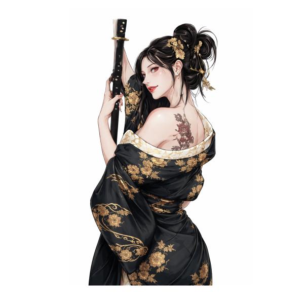女武芸者　女侍　姫武者　侍　Samurai　クノー　芸者　着物　武士道　大和魂　和彫り　インテリア装飾　バイク　旧車　部屋　ガレージ　傷隠し　ステッカー1枚T