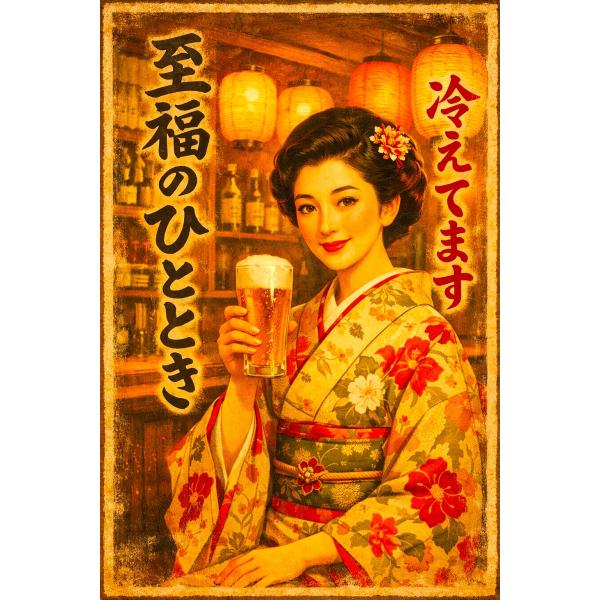 至福のひととき　着物美人　居酒屋装飾用　レトロ和風　ピンナップガール　インバウンド　ビール　お酒　レトロ酒場　飲み屋　インテリア　ステッカー1枚TA