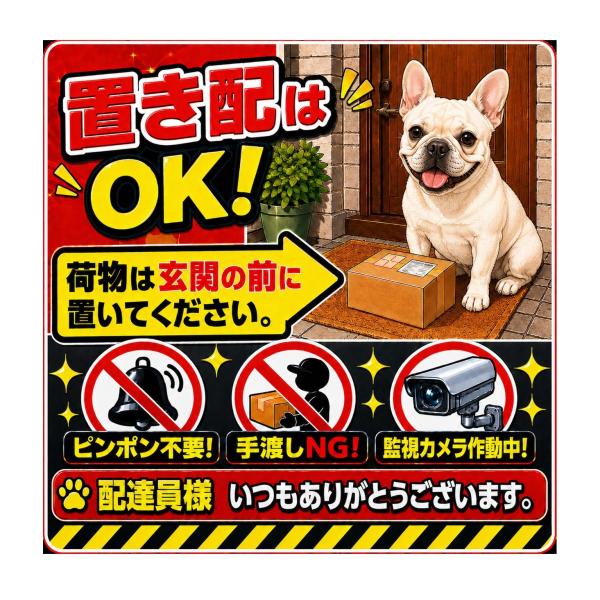 置き配OK　フレンチ・ブルドッグ　配達員感謝　置き配ステッカー　自宅　玄関　ガレージ　事務所　ピンポン不要　監視カメラ作動中　かわいい　ステッカー1枚TA