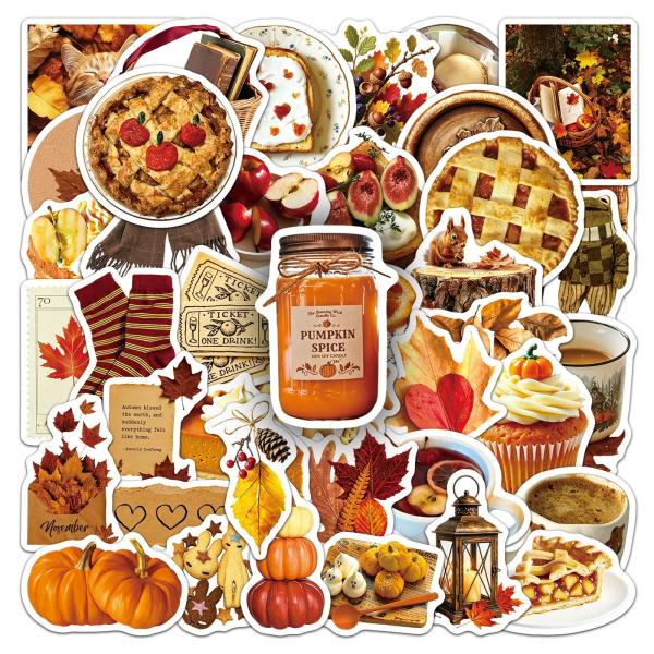 秋のほっこり雑貨　秋のカフェタイム　秋の癒しタイム　紅葉　落ち葉　かぼちゃ　どんぐり　リス　猫　焼き菓子　ミニサイズ　シール　ステッカー50枚Y