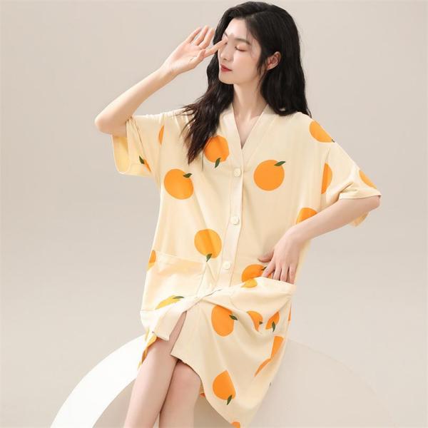 部屋着 レディース ワンピース 寝巻き パジャマ ルームウェア ロング 半袖 Vネック アウター ボタン留め みかん カジュアル 体型カバー 夏