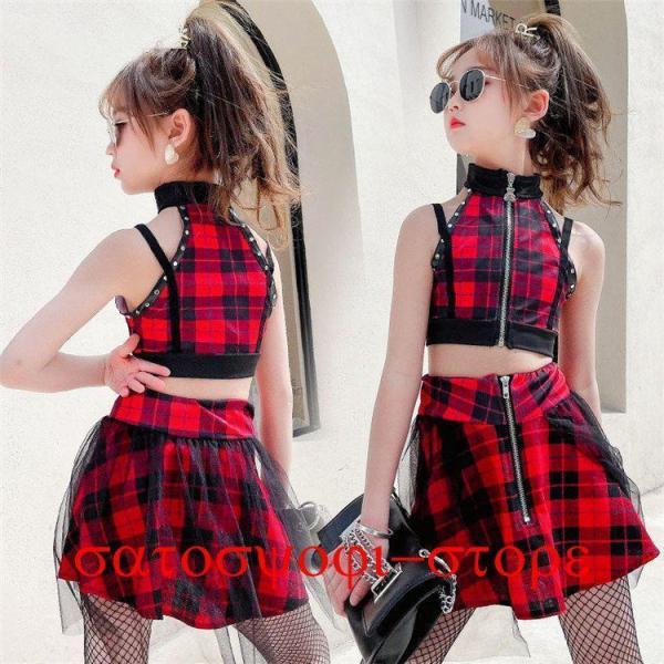 ジャズ ダンス衣装 キッズ ヒップホップ セットアップ K-POP ファッション ダンス衣装 チェック柄 肩出し K-POP 韓国小学生 中学生