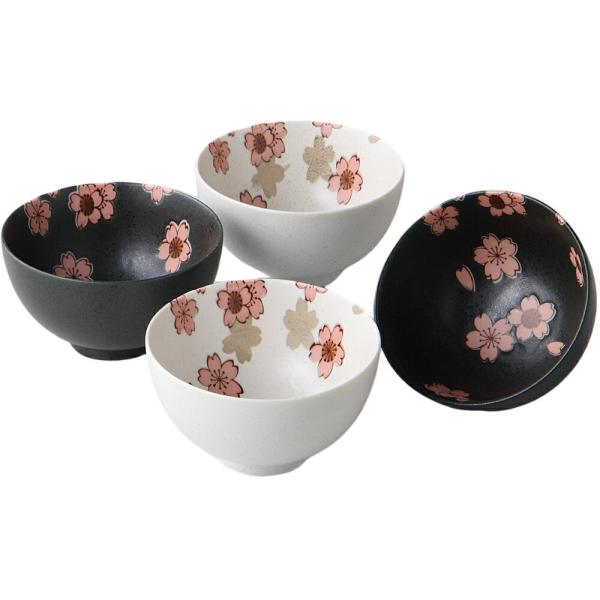 ご飯茶碗 お茶碗 4個セット 揆水桜 中平 4客（白・黒） 美濃焼 日本製 食洗機対応 レンジ対応おしゃれ
