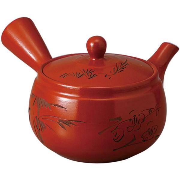 急須 ポット 朱泥 4合 花彫 帯網 茶器 日本製 陶器 おしゃれ かわいい