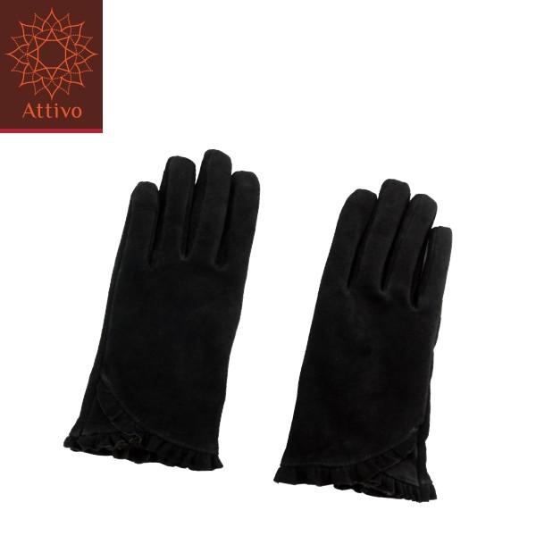 手袋 レディース Attivo スエード手袋 在庫処分セール リフルデザイン 本店 裏地付き 通勤 4サイズ ブラック レザーグローブ 黒 女性