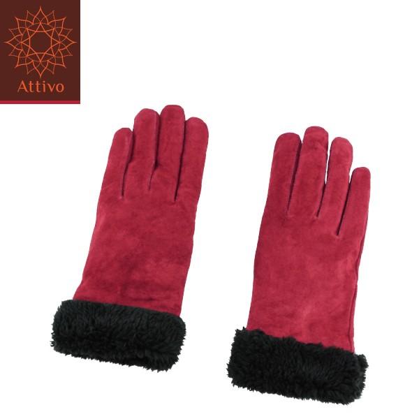 手袋 レディース Attivo スエード手袋 在庫処分セール レッド 赤 3サイズ レザーグローブ 送料無料カード決済可能 ブランド 袖口ボア 女性 裏地付 自転車 防寒 バイク
