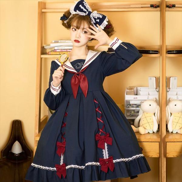 レディースセーラー服ロリータ可愛い日系マリン風女子中高生コスプレ衣装日系制服cosplayコスチュームワンピース2色 限定版
