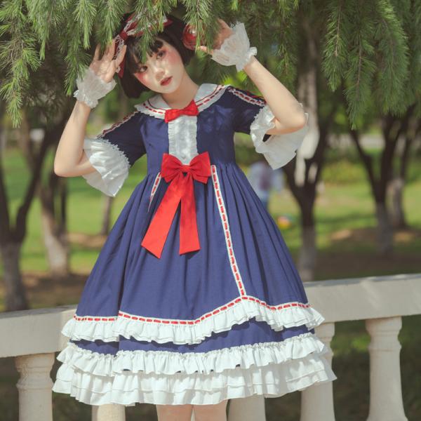 ロリータ ワンピース 半袖 ドレス セーラー おとぎの国 アリス