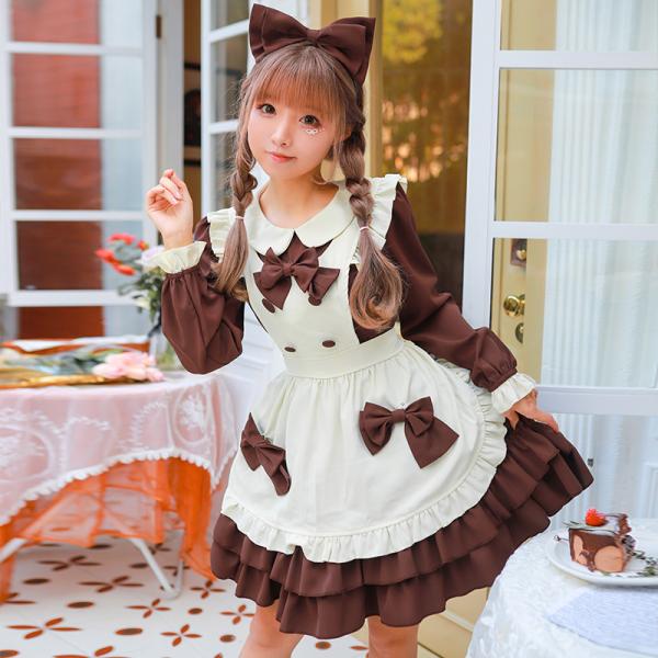 メイド服 コスプレ ロリータ かわいい 3点セット エプロン 甘ロリ ワンピース 半袖 長袖 レディース