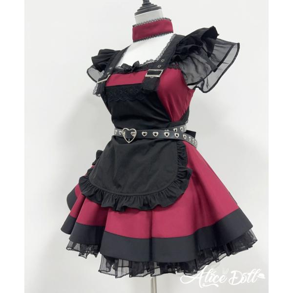 メイド服 ワンピース ゴスロリ エプロン ウエストベルト チョーカー カチューシャ付き 5点セット レディース ブラック レッド