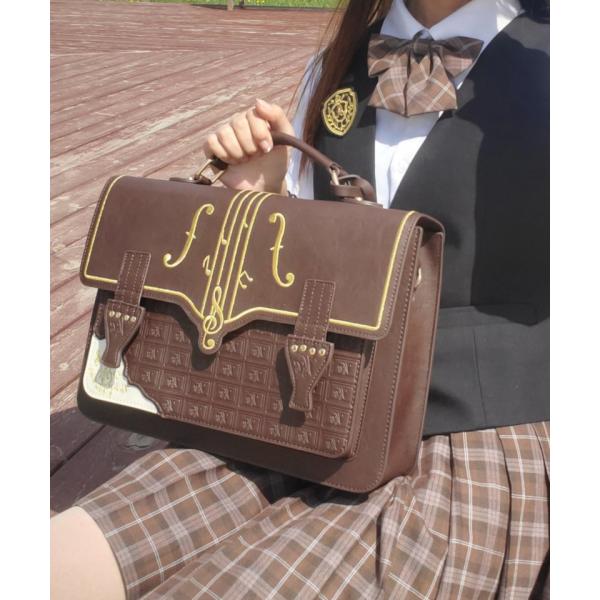 学園風 バッグ ロリータ ゴシック 音符刺繍 カバン 鞄 JK 通学 レディース PU 制服バッグ 3WAY 大容量 A4対応 ４色展開 斜め掛け