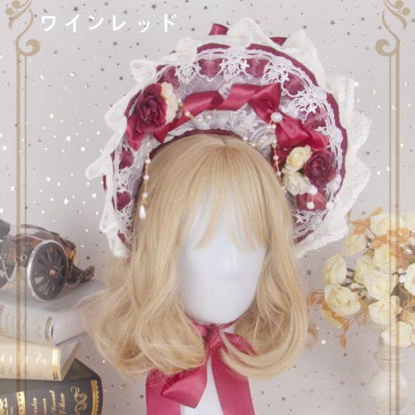 え*り様 別珍　トーションレース　ボンネット　エンジ　赤 alicedoll_a160169