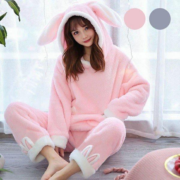 パジャマ レディース ポケット付き 春秋冬 長袖 部屋着 寝巻き かわいい 着もこもこ ルームウェア 上下セット うさ耳付きフード フェイクファー At Alita 通販 Yahoo ショッピング