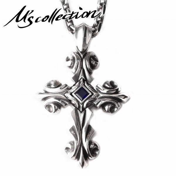 Ms Collection ネックレス メンズ ブランド シルバー クロス シンセティックサファイア シルバー925 ペンダント チェーン付 エムズコレクション Supersport Tn