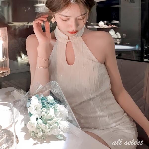 パーティードレス キャバドレス ナイトドレス キャバ ドレス ノースリーブ 結婚式 ワンピース 韓国風 体型カバー スリット タイト ミニドレス ホルターネック