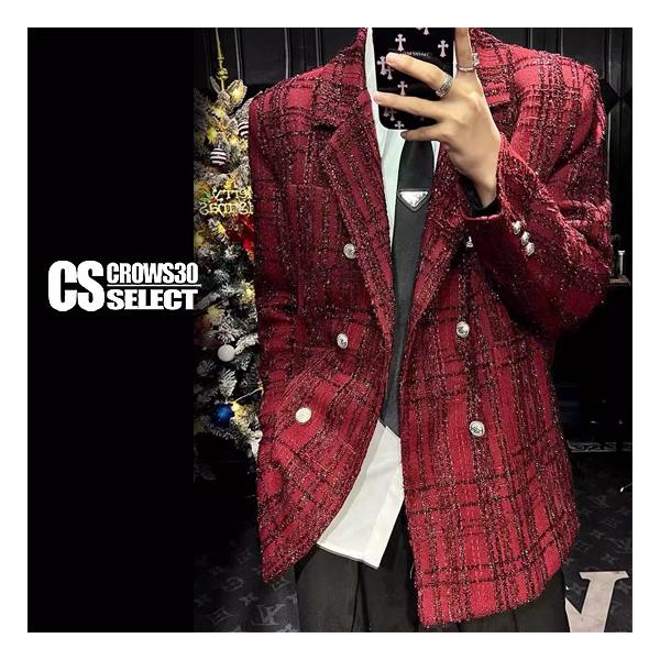 ダブル チェスターコート 赤 テーラードジャケット スーツ オーダー 46 48 チェックコート メンズ モード系 テーラードジャケット V系