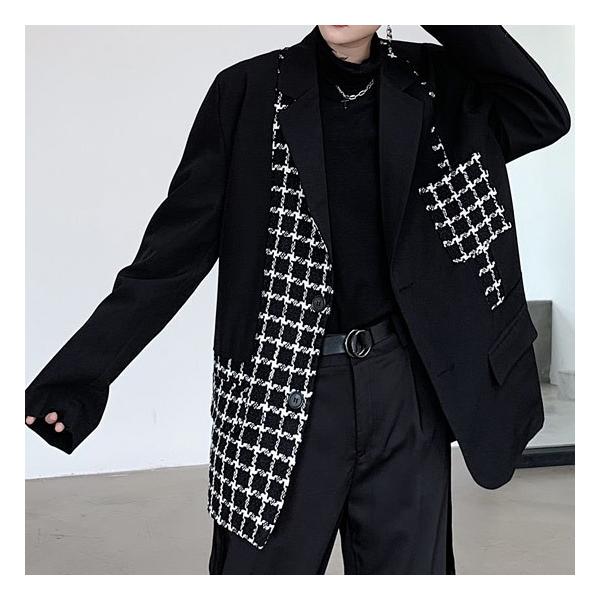 テーラードジャケット メンズ バイカラー チェック 切替 アシンメトリー モードファッション インポート ブレザー 新作 30代 40代 個性的 お兄系 ホスト V系 Buyee Buyee 日本の通販商品 オークションの代理入札 代理購入