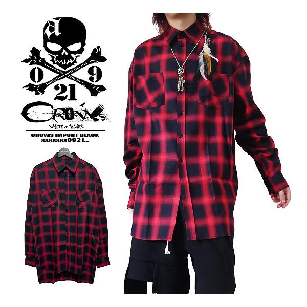 チェックシャツ メンズ モード系 シャツ ロングシャツ V系 レッド