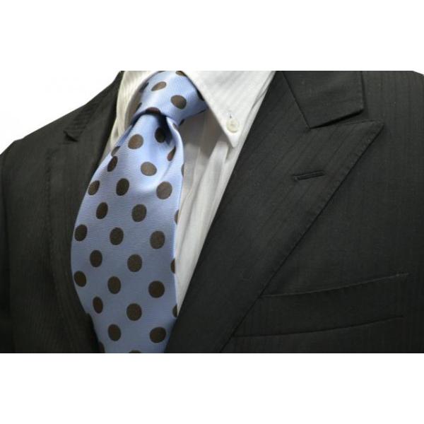 水色地に茶色の少し大きめの水玉（ドット）サテンネクタイ/30%OFF/MZN