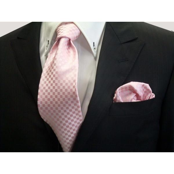 ピンク市松模様ネクタイ＆ポケットチーフセット(チーフ30cm)/結婚式/15