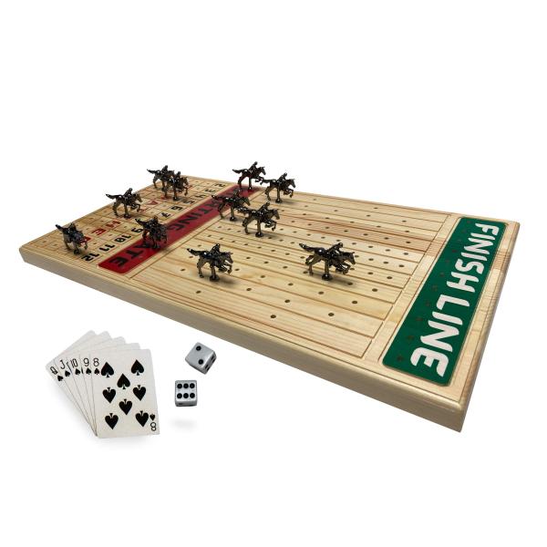 【並行輸入品】FINENI 競馬ボードゲーム 豪華で耐久性のあるメタルホース付き 11個 ブラック 本物のパインウッド競馬ゲームボード サイコロ