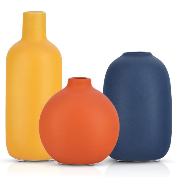 並行輸入品】陶器 花瓶 3点セット オレンジ 青 黄色 花器 Cute